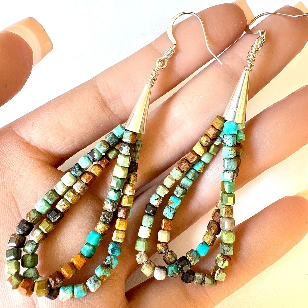 Jacla Navajo Earrings Turquoise Heishi 3in 925 Sterling‎ Long Hook Multi Square